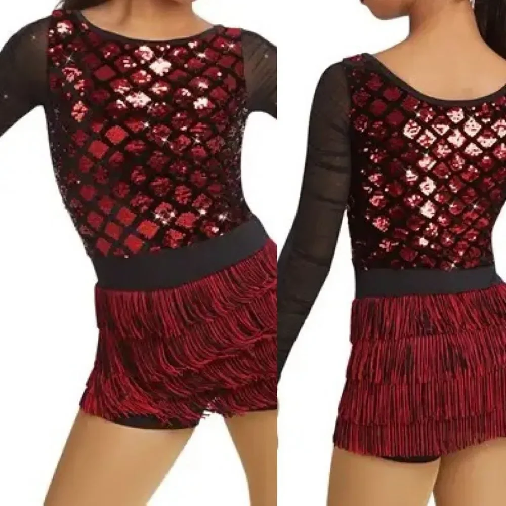 Weissman Dance costume leotard red sequin flapper fringe 11475 LC-large child